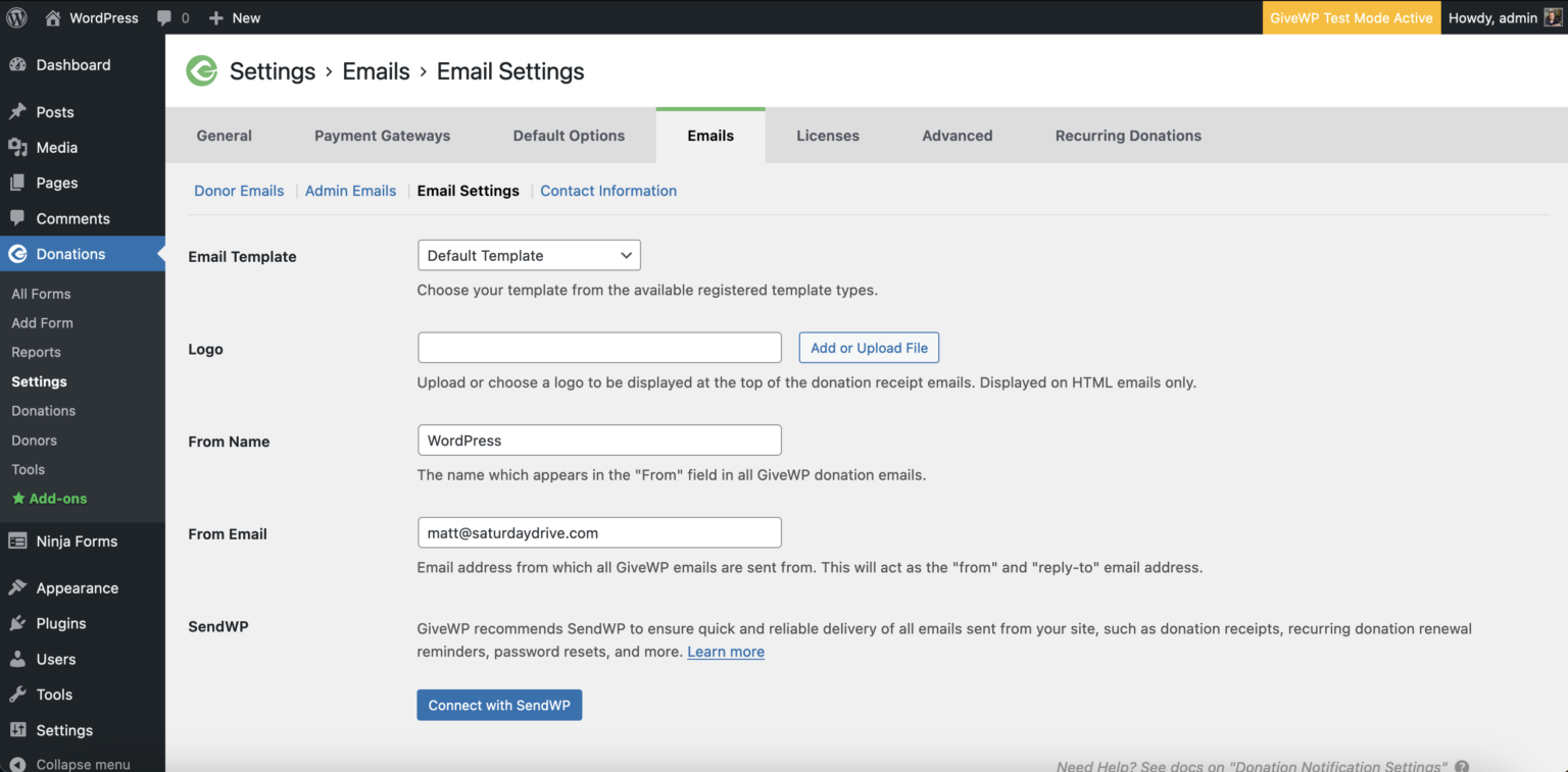 Email settings for SendWP and GiveWP in the WordPress dashboard