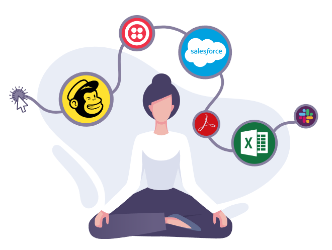 Cartoon woman sitting cross-legged surrounded by product logos